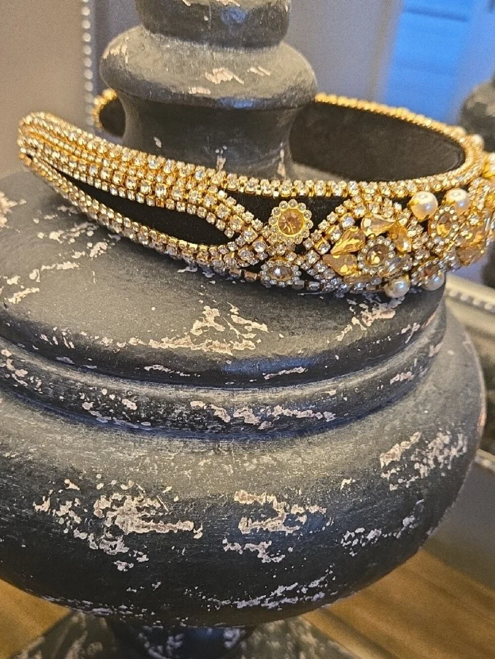 Gold Crown Crystal & Pearl Embellished Blk Velvet Headband fr: Lux Boutique
